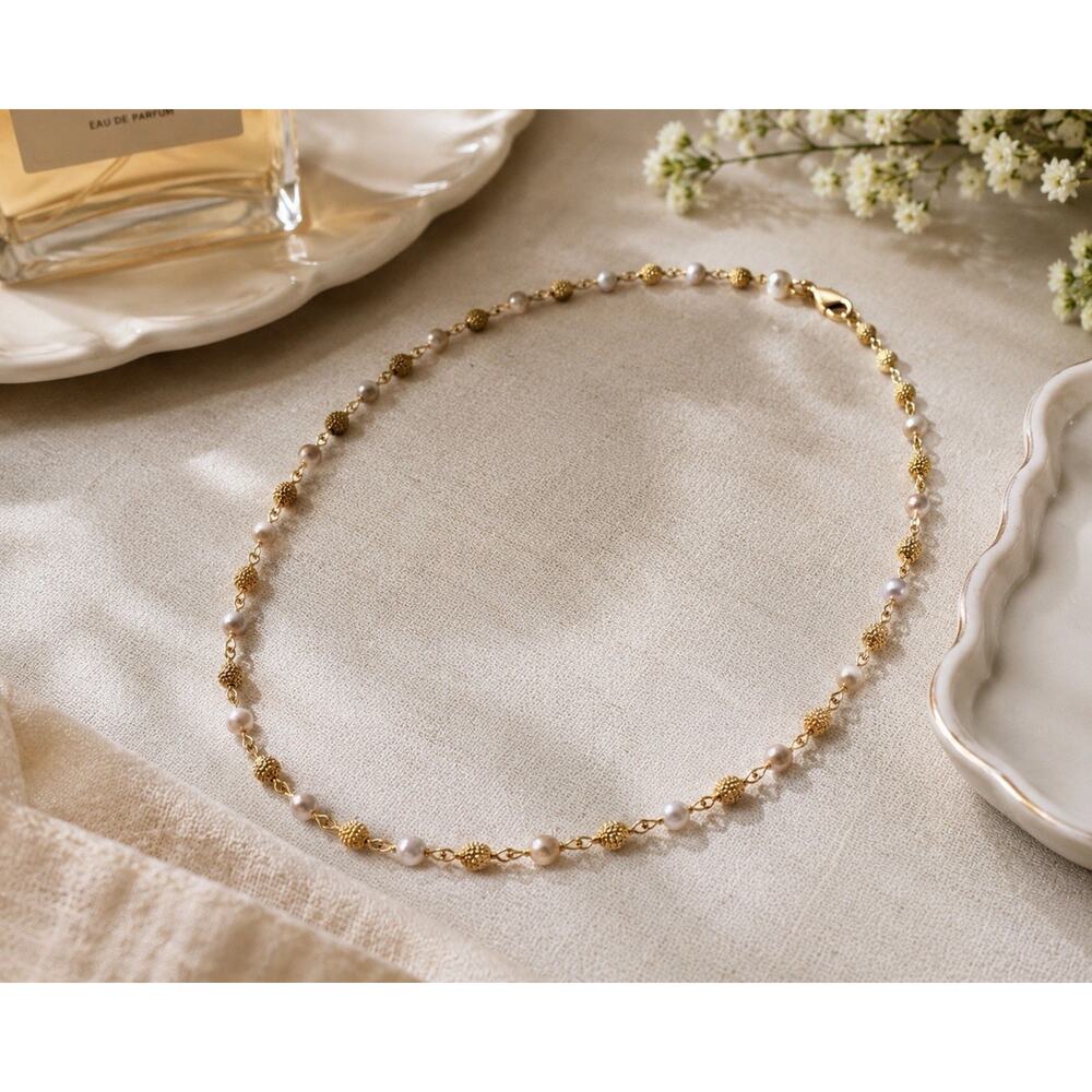 Napier Gold Tone Faux Pearl Beaded Necklace Textured Stations 18” VTG